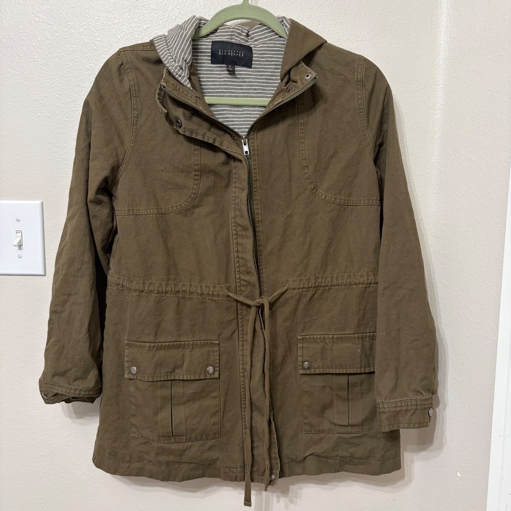 Blu Pepper Womens Olive Green Utility Anorak Hooded Jacket Small Striped Lining